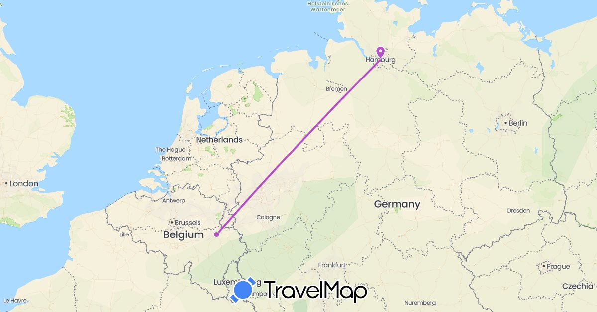 TravelMap itinerary: driving, train in Belgium, Germany (Europe)